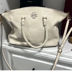 Tory Burch Ivory Leather Pebbles Tote Braided Handles and Detachable Strap 13x9